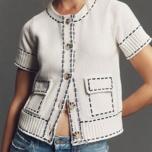 Anthropologie Cream Short-Sleeve Knit Cardigan with Navy Stitching
